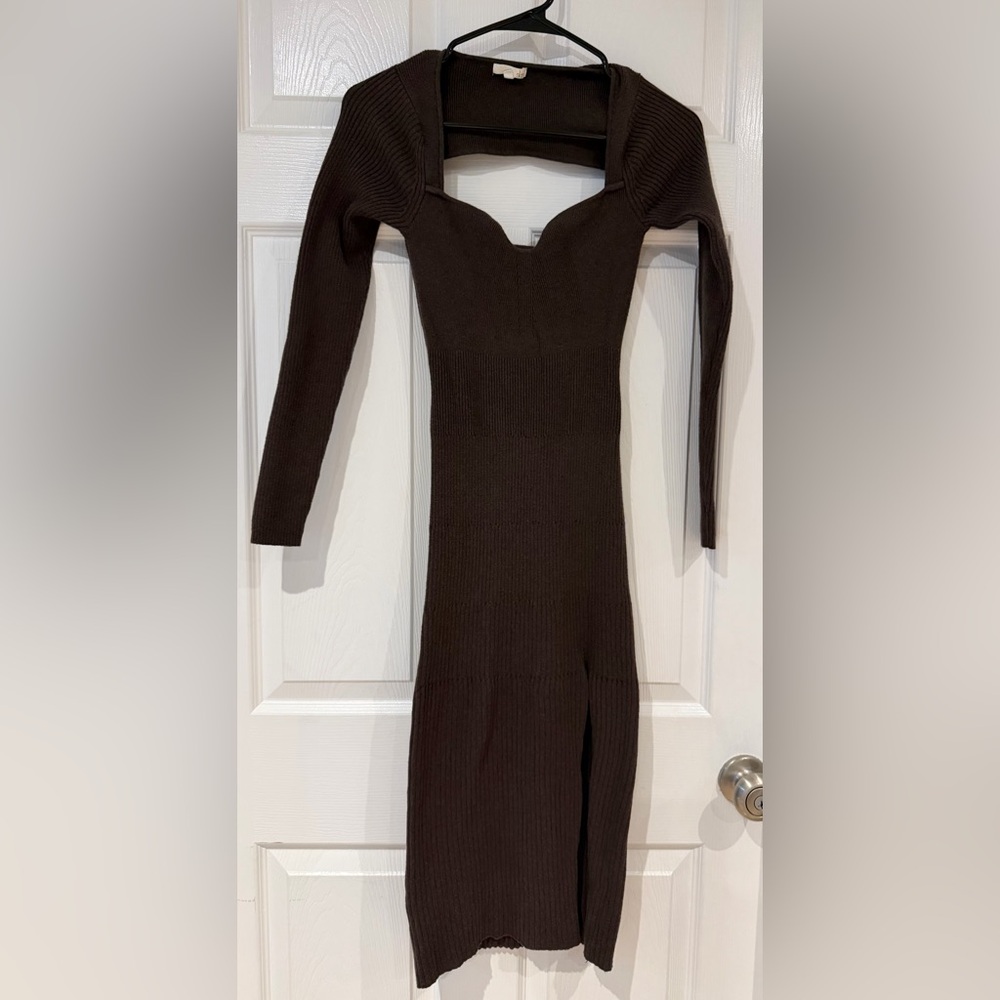 Open Back Low Back Ribbed Long Sleeve Sweater Maxi Dress Sz S Slit Cotton Blend